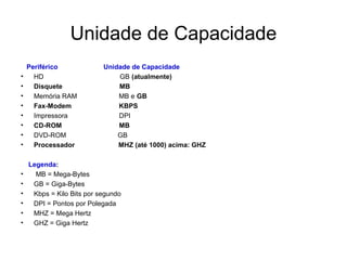 Unidade de Capacidade
    Periférico             Unidade de Capacidade
•     HD                       GB (atualmente)
•     Disquete                 MB
•     Memória RAM              MB e GB
•     Fax-Modem                KBPS
•     Impressora               DPI
•     CD-ROM                   MB
•     DVD-ROM                  GB
•     Processador              MHZ (até 1000) acima: GHZ

    Legenda:
•     MB = Mega-Bytes
•    GB = Giga-Bytes
•    Kbps = Kilo Bits por segundo
•    DPI = Pontos por Polegada
•    MHZ = Mega Hertz
•    GHZ = Giga Hertz
 