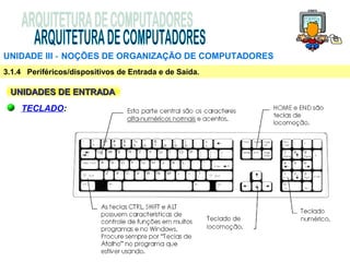 UNIDADE III ‑ NOÇÕES DE ORGANIZAÇÃO DE COMPUTADORES
3.1.4 Periféricos/dispositivos de Entrada e de Saída.

 UNIDADES DE ENTRADA
    TECLADO:
 