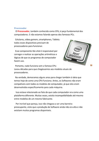 Processador

O Processador, também conhecido como CPU, é peça fundamental dos
computadores. E não estamos falando apenas dos famosos PCs.
Celulares, vídeo gamem, smartphones, Tablets:
todos esses dispositivos precisam de
processadores para funcionar.
Esse componente tão vital é responsável por
carregar e realizar as operações aritméticas e
lógicas de que os programas de computador
fazem uso.
Portanto, nada funciona sem a famosa CPU.
Levou décadas para que chegássemos aos modelos atuais de
processadores.
Na verdade, demoramos alguns anos para chegar também à ideia que
temos hoje de como uma CPU funciona. Antes, os Softwares não eram
compatíveis com todos os modelos de computador, já que eles eram
desenvolvidos especificamente para cada máquina.
Isso estava relacionado ao fato de que cada computador era como uma
plataforma diferente. Muitas vezes, existia incompatibilidade até mesmo
entre modelos de um mesmo fabricante.
Por incrível que pareça, isso não chegava a ser uma barreira
preocupante, visto que a produção de Software ainda não era alta e não
existiam muitos programas disponíveis.

 