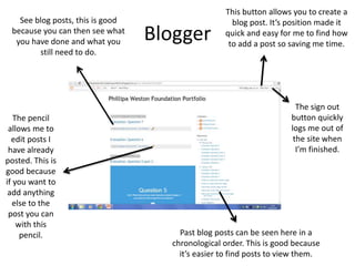 Blogger
See blog posts, this is good
because you can then see what
you have done and what you
still need to do.
Past blog posts can be seen here in a
chronological order. This is good because
it’s easier to find posts to view them.
This button allows you to create a
blog post. It’s position made it
quick and easy for me to find how
to add a post so saving me time.
The sign out
button quickly
logs me out of
the site when
I’m finished.
The pencil
allows me to
edit posts I
have already
posted. This is
good because
if you want to
add anything
else to the
post you can
with this
pencil.
 