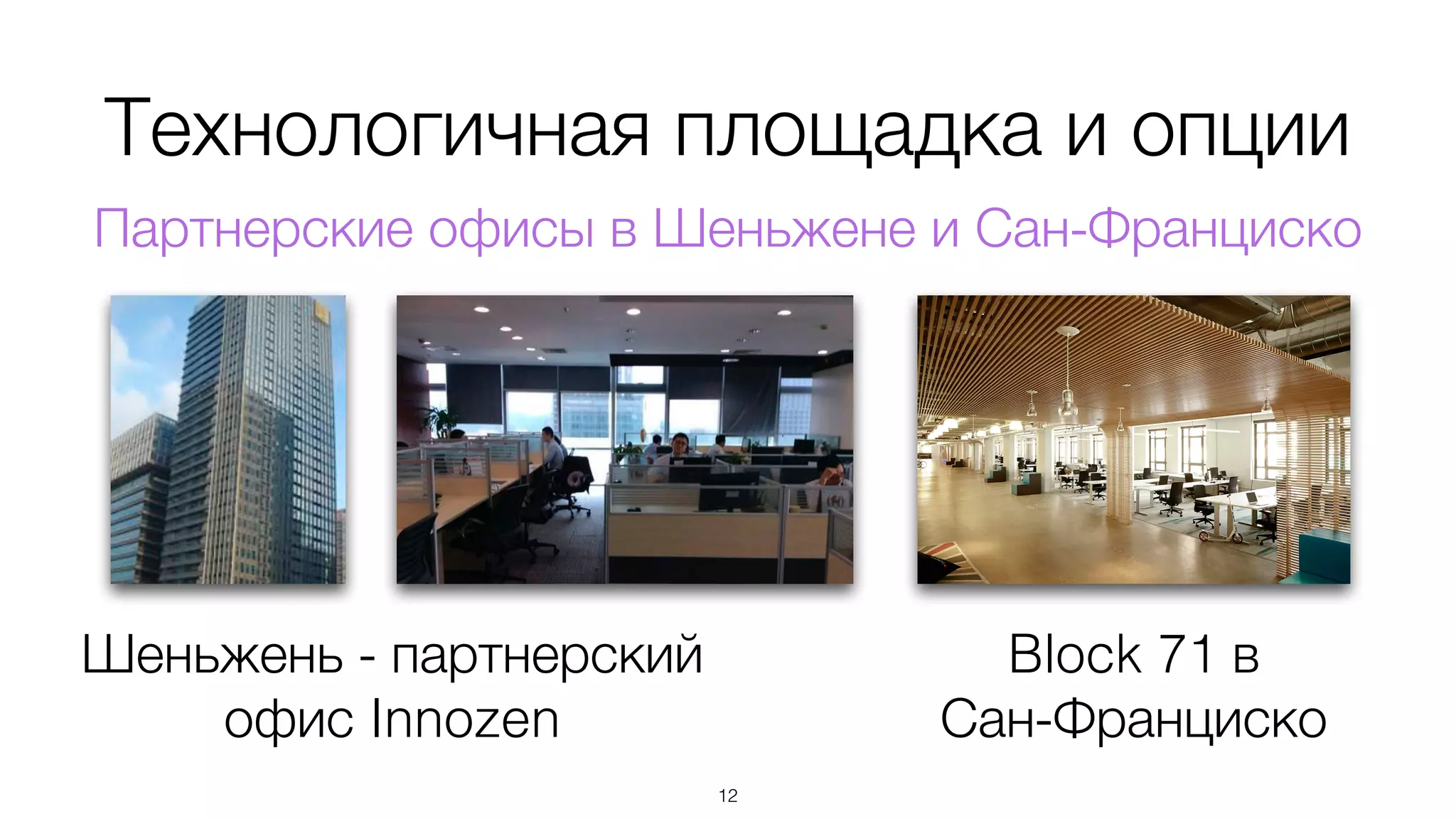Технологичная площадка и опции
Партнерские офисы в Шеньжене и Сан-Франциско
Шеньжень - партнерский
офис Innozen
Block 71 в  
Сан-Франциско
12
 