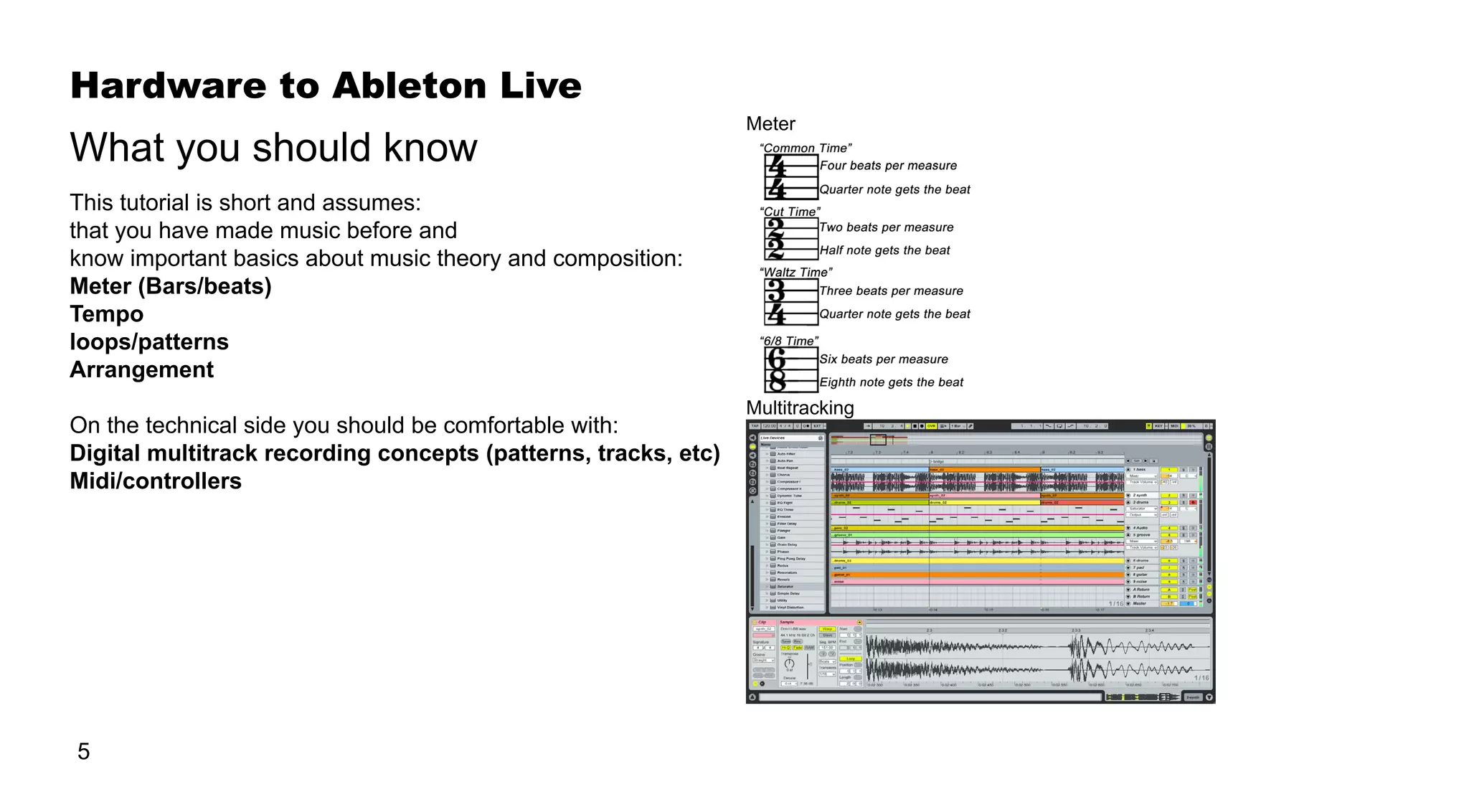 Hardware to Ableton Live
5
This tutorial is short and assumes:
that you have made music before and
know important basics about music theory and composition:
Meter (Bars/beats)
Tempo
loops/patterns
Arrangement
On the technical side you should be comfortable with:
Digital multitrack recording concepts (patterns, tracks, etc)
Midi/controllers
What you should know
Multitracking
Meter
 