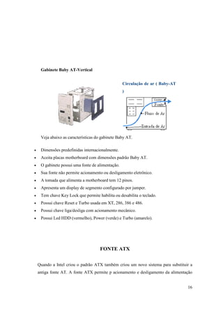 Gabinete Baby AT-Vertical


                                                   Circulação de ar ( Baby-AT
                                                   )




     Veja abaixo as características do gabinete Baby AT.

•    Dimensões predefinidas internacionalmente.
•    Aceita placas motherboard com dimensões padrão Baby AT.
•    O gabinete possui uma fonte de alimentação.
•    Sua fonte não permite acionamento ou desligamento eletrônico.
•    A tomada que alimenta a motherboard tem 12 pinos.
•    Apresenta um display de segmento configurado por jumper.
•    Tem chave Key Lock que permite habilita ou desabilita o teclado.
•    Possui chave Reset e Turbo usada em XT, 286, 386 e 486.
•    Possui chave liga/desliga com acionamento mecânico.
•    Possui Led HDD (vermelho), Power (verde) e Turbo (amarelo).




                                      FONTE ATX


    Quando a Intel criou o padrão ATX também criou um novo sistema para substituir a
    antiga fonte AT. A fonte ATX permite p acionamento e desligamento da alimentação


                                                                                 16
 