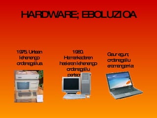 HARDWARE; EBOLUZIOA 1980. Hamarkadaren hasieran lehenengo ordenagailu pertsonala: 1975. Urtean lehenengo ordenagailua Gaur egun; ordenagailu eramangarria: 