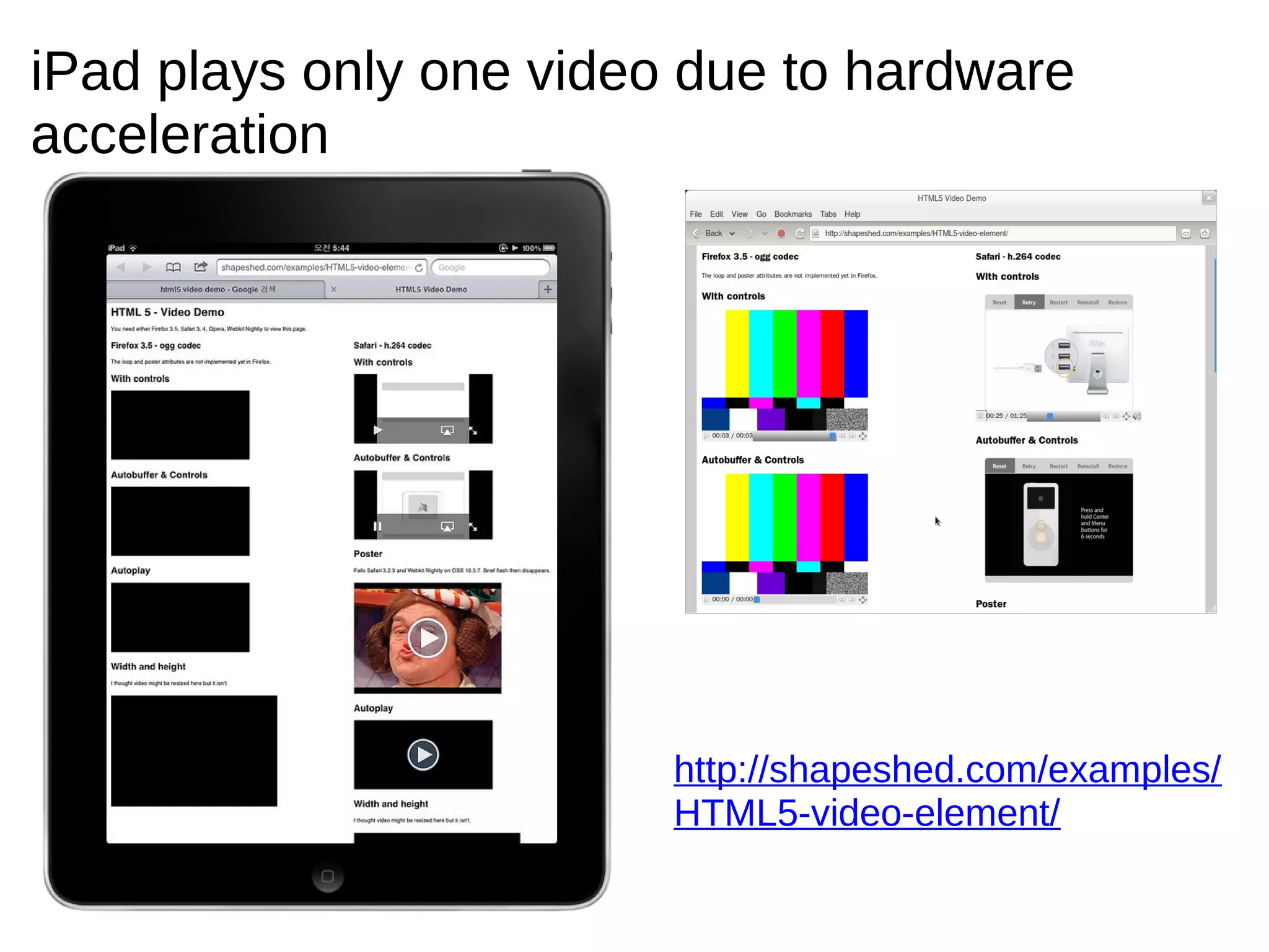 iPad plays only one video due to hardware
acceleration




                         http://shapeshed.com/examples/
                         HTML5-video-element/
 