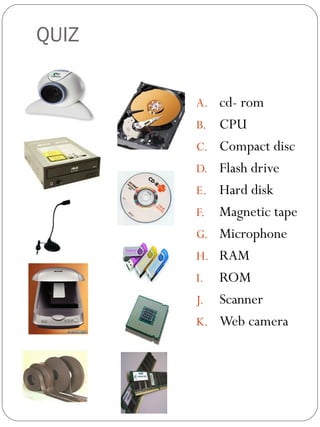 QUIZ cd- rom  CPU Compact disc Flash drive Hard disk Magnetic tape Microphone RAM ROM Scanner Web camera 1 2 3 4 5 MATCHING TYPE. IDENTIFY THE PICTURES BY MATCHING COLUMN A TO COLUMN B. WRITE THE LEETERS OF THE CORRECT ANSWER. 6 7 8 9 10 