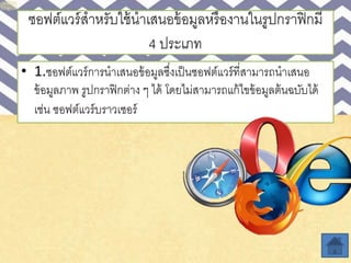 ซอฟต์แวร์สาหรับใช้นาเสนอข้อมูลหรืองานในรูปกราฟิกมี
4 ประเภท
• 1.ซอฟต์แวร์การนาเสนอข้อมูลซึ่งเป็นซอฟต์แวร์ที่สามารถนาเสนอ
ข้อมูลภาพ รูปกราฟิกต่าง ๆ ได้ โดยไม่สามารถแก้ไขข้อมูลต้นฉบับได้
เช่น ซอฟต์แวร์บราวเซอร์
 