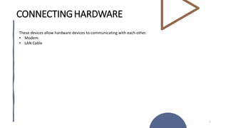 CONNECTINGHARDWARE
7
These devices allow hardware devices to communicating with each other.
• Modem
• LAN Cable
 