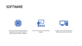 SOFTWARE
A set of instructions that enables physical
components of a computer to work in a
synchronize way is known as Software.
This set of instructions is often called a
program.
Computers cannot do any useful work
without instructions from software
8
 