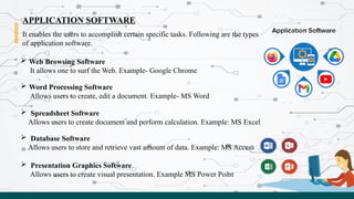 APPLICATION SOFTWARE
It enables the users to accomplish certain specific tasks. Following are the types
of application software.
 Presentation Graphics Software
Allows users to create visual presentation. Example MS Power Point
 Database Software
Allows users to store and retrieve vast amount of data. Example: MS Access
 Spreadsheet Software
Allows users to create document and perform calculation. Example: MS Excel
 Word Processing Software
Allows users to create, edit a document. Example- MS Word
 Web Browsing Software
It allows one to surf the Web. Example- Google Chrome
 
