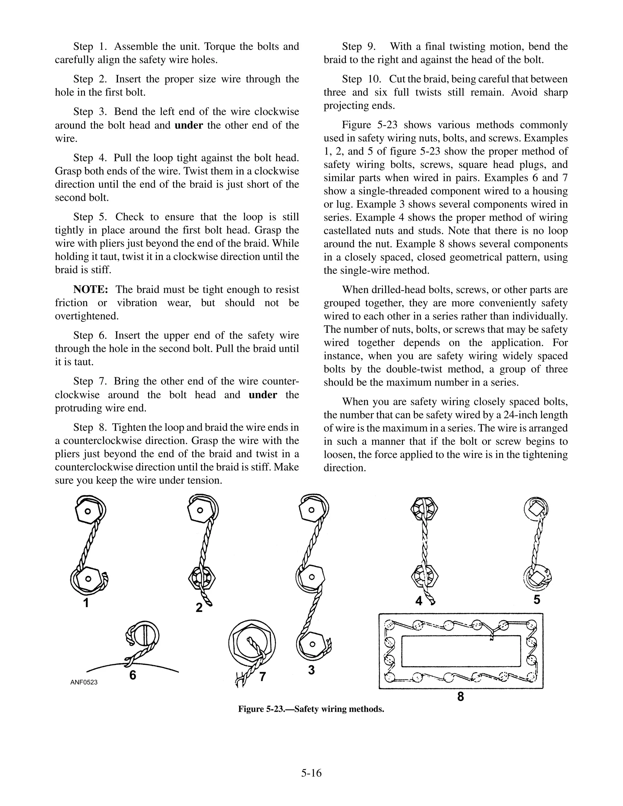 Step 1. Assemble the unit. Torque the bolts and
carefully align the safety wire holes.
Step 2. Insert the proper size wire through the
hole in the first bolt.
Step 3. Bend the left end of the wire clockwise
around the bolt head and under the other end of the
wire.
Step 4. Pull the loop tight against the bolt head.
Grasp both ends of the wire. Twist them in a clockwise
direction until the end of the braid is just short of the
second bolt.
Step 5. Check to ensure that the loop is still
tightly in place around the first bolt head. Grasp the
wire with pliers just beyond the end of the braid. While
holding it taut, twist it in a clockwise direction until the
braid is stiff.
NOTE: The braid must be tight enough to resist
friction or vibration wear, but should not be
overtightened.
Step 6. Insert the upper end of the safety wire
through the hole in the second bolt. Pull the braid until
it is taut.
Step 7. Bring the other end of the wire counter-
clockwise around the bolt head and under the
protruding wire end.
Step 8. Tighten the loop and braid the wire ends in
a counterclockwise direction. Grasp the wire with the
pliers just beyond the end of the braid and twist in a
counterclockwise direction until the braid is stiff. Make
sure you keep the wire under tension.
Step 9. With a final twisting motion, bend the
braid to the right and against the head of the bolt.
Step 10. Cut the braid, being careful that between
three and six full twists still remain. Avoid sharp
projecting ends.
Figure 5-23 shows various methods commonly
used in safety wiring nuts, bolts, and screws. Examples
1, 2, and 5 of figure 5-23 show the proper method of
safety wiring bolts, screws, square head plugs, and
similar parts when wired in pairs. Examples 6 and 7
show a single-threaded component wired to a housing
or lug. Example 3 shows several components wired in
series. Example 4 shows the proper method of wiring
castellated nuts and studs. Note that there is no loop
around the nut. Example 8 shows several components
in a closely spaced, closed geometrical pattern, using
the single-wire method.
When drilled-head bolts, screws, or other parts are
grouped together, they are more conveniently safety
wired to each other in a series rather than individually.
The number of nuts, bolts, or screws that may be safety
wired together depends on the application. For
instance, when you are safety wiring widely spaced
bolts by the double-twist method, a group of three
should be the maximum number in a series.
When you are safety wiring closely spaced bolts,
the number that can be safety wired by a 24-inch length
of wire is the maximum in a series. The wire is arranged
in such a manner that if the bolt or screw begins to
loosen, the force applied to the wire is in the tightening
direction.
5-16
ANF0523
1 2
3
4 5
6 7
8
Figure 5-23.—Safety wiring methods.
 