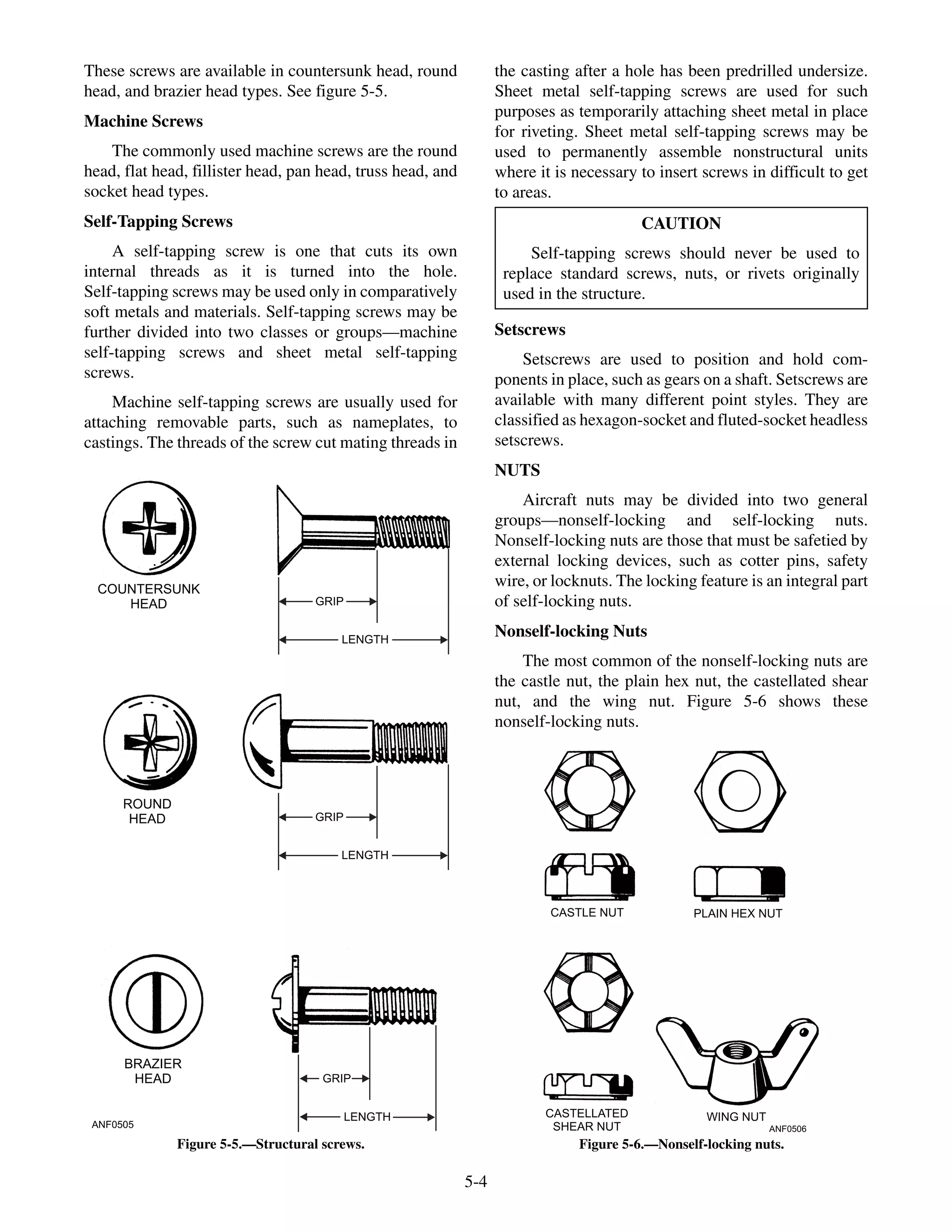 These screws are available in countersunk head, round
head, and brazier head types. See figure 5-5.
Machine Screws
The commonly used machine screws are the round
head, flat head, fillister head, pan head, truss head, and
socket head types.
Self-Tapping Screws
A self-tapping screw is one that cuts its own
internal threads as it is turned into the hole.
Self-tapping screws may be used only in comparatively
soft metals and materials. Self-tapping screws may be
further divided into two classes or groups—machine
self-tapping screws and sheet metal self-tapping
screws.
Machine self-tapping screws are usually used for
attaching removable parts, such as nameplates, to
castings. The threads of the screw cut mating threads in
the casting after a hole has been predrilled undersize.
Sheet metal self-tapping screws are used for such
purposes as temporarily attaching sheet metal in place
for riveting. Sheet metal self-tapping screws may be
used to permanently assemble nonstructural units
where it is necessary to insert screws in difficult to get
to areas.
CAUTION
Self-tapping screws should never be used to
replace standard screws, nuts, or rivets originally
used in the structure.
Setscrews
Setscrews are used to position and hold com-
ponents in place, such as gears on a shaft. Setscrews are
available with many different point styles. They are
classified as hexagon-socket and fluted-socket headless
setscrews.
NUTS
Aircraft nuts may be divided into two general
groups—nonself-locking and self-locking nuts.
Nonself-locking nuts are those that must be safetied by
external locking devices, such as cotter pins, safety
wire, or locknuts. The locking feature is an integral part
of self-locking nuts.
Nonself-locking Nuts
The most common of the nonself-locking nuts are
the castle nut, the plain hex nut, the castellated shear
nut, and the wing nut. Figure 5-6 shows these
nonself-locking nuts.
5-4
ANF0505
COUNTERSUNK
HEAD GRIP
GRIP
GRIP
LENGTH
LENGTH
LENGTH
ROUND
HEAD
BRAZIER
HEAD
Figure 5-5.—Structural screws.
ANF0506
CASTLE NUT PLAIN HEX NUT
CASTELLATED
SHEAR NUT
WING NUT
Figure 5-6.—Nonself-locking nuts.
 