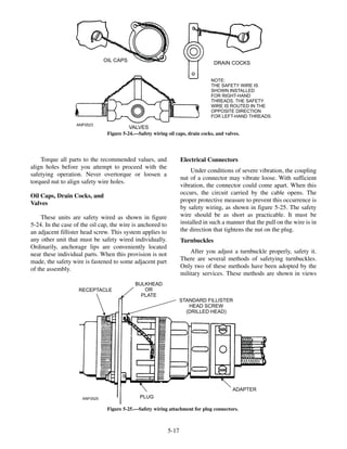 Torque all parts to the recommended values, and
align holes before you attempt to proceed with the
safetying operation. Never overtorque or loosen a
torqued nut to align safety wire holes.
Oil Caps, Drain Cocks, and
Valves
These units are safety wired as shown in figure
5-24. In the case of the oil cap, the wire is anchored to
an adjacent fillister head screw. This system applies to
any other unit that must be safety wired individually.
Ordinarily, anchorage lips are conveniently located
near these individual parts. When this provision is not
made, the safety wire is fastened to some adjacent part
of the assembly.
Electrical Connectors
Under conditions of severe vibration, the coupling
nut of a connector may vibrate loose. With sufficient
vibration, the connector could come apart. When this
occurs, the circuit carried by the cable opens. The
proper protective measure to prevent this occurrence is
by safety wiring, as shown in figure 5-25. The safety
wire should be as short as practicable. It must be
installed in such a manner that the pull on the wire is in
the direction that tightens the nut on the plug.
Turnbuckles
After you adjust a turnbuckle properly, safety it.
There are several methods of safetying turnbuckles.
Only two of these methods have been adopted by the
military services. These methods are shown in views
5-17
ANF0523
OIL CAPS
DRAIN COCKS
VALVES
NOTE:
THE SAFETY WIRE IS
SHOWN INSTALLED
FOR RIGHT-HAND
THREADS. THE SAFETY
WIRE IS ROUTED IN THE
OPPOSITE DIRECTION
FOR LEFT-HAND THREADS.
Figure 5-24.—Safety wiring oil caps, drain cocks, and valves.
ANF0525
RECEPTACLE
BULKHEAD
OR
PLATE
STANDARD FILLISTER
HEAD SCREW
(DRILLED HEAD)
PLUG
ADAPTER
Figure 5-25.—Safety wiring attachment for plug connectors.
 