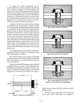To choose the correct replacement for an
unserviceable bolt, you must consider the length of the
bolt. As shown in figure 5-1, the bolt length is the
distance from the tip of the threaded end to the head of
the bolt. Correct length selection is indicated when the
bolt extends through the nut at least two full threads.
See figure 5-2. If the bolt is too short, it will not extend
out of the bolt hole far enough for the nut to be securely
fastened. If it is too long, it may extend so far that it
interferes with the movement of nearby parts.
In addition, if a bolt is too long or too short, its grip
will usually be the wrong length. As shown in figure
5-2, the grip length should be approximately the same
as the thickness of the material to be fastened. If the
grip is too short, the threads of the bolt will extend into
the bolt hole. The bolt may act like a reamer when the
material is vibrating. To prevent this, make certain that
no more than two threads extend into the bolt hole.
Also, make certain that any threads that enter the bolt
hole extend only into the thicker member that is being
fastened. If the grip is too long, the nut will run out of
threads before it can be tightened. In this event, a bolt
with a shorter grip should be used. If the bolt grip
extends only a short distance through the hole, a washer
may be used.
A second bolt dimension that must be considered is
diameter. As shown in figure 5-1, the diameter of the
bolt is the thickness of its shaft.
The results of using a wrong diameter bolt should
be obvious. If the bolt is too big, it cannot enter the bolt
hole. If the diameter is too small, the bolt has too much
play in the bolt hole.
The third and fourth bolt dimensions that should be
considered when you choose a bolt replacement are
head thickness and width. If the head is too thin or too
narrow, it might not be strong enough to bear the load
imposed on it. If the head is too thick or too wide, it
might extend so far that it interferes with the movement
of adjacent parts.
AN bolts come in three head styles—hex head,
clevis, and eyebolt. NAS bolts are available in
5-2
ANF0502
BOLT GRIP LENGTH CORRECT
BOLT GRIP LENGTH TOO SHORT
BOLT GRIP LENGTH TOO LONG
Figure 5-2.—Correct and incorrect grip lengths.
ANF0501
DIAMETER
LENGTH
THREADS GRIP
HEAD
WIDTH
HEAD
THICKNESS
Figure 5-1.—Bolt terms and dimensions.
 
