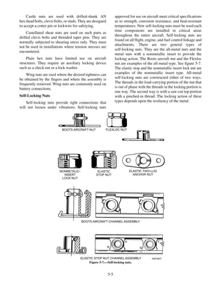 Castle nuts are used with drilled-shank AN
hex-head bolts, clevis bolts, or studs. They are designed
to accept a cotter pin or lockwire for safetying.
Castellated shear nuts are used on such parts as
drilled clevis bolts and threaded taper pins. They are
normally subjected to shearing stress only. They must
not be used in installations where tension stresses are
encountered.
Plain hex nuts have limited use on aircraft
structures. They require an auxiliary locking device
such as a check nut or a lock washer.
Wing nuts are used where the desired tightness can
be obtained by the fingers and where the assembly is
frequently removed. Wing nuts are commonly used on
battery connections.
Self-Locking Nuts
Self-locking nuts provide tight connections that
will not loosen under vibrations. Self-locking nuts
approved for use on aircraft meet critical specifications
as to strength, corrosion resistance, and heat-resistant
temperatures. New self-locking nuts must be used each
time components are installed in critical areas
throughout the entire aircraft. Self-locking nuts are
found on all flight, engine, and fuel control linkage and
attachments. There are two general types of
self-locking nuts. They are the all-metal nuts and the
metal nuts with a nonmetallic insert to provide the
locking action. The Boots aircraft nut and the Flexloc
nut are examples of the all-metal type. See figure 5-7.
The elastic stop and the nonmetallic insert lock nut are
examples of the nonmetallic insert type. All-metal
self-locking nuts are constructed either of two ways.
The threads in the load-carrying portion of the nut that
is out of phase with the threads in the locking portion is
one way. The second way is with a saw-cut top portion
with a pinched-in thread. The locking action of these
types depends upon the resiliency of the metal.
5-5
ANF0507
BOOTS AIRCRAFT NUT FLEXLOC NUT
NONMETALIC-
INSERT
LOCK NUT
ELASTIC
STOP NUT
ELASTIC TWO-LUG
ANCHOR NUT
BOOTS AIRCRAFT CHANNEL ASSEMBLY
ELASTIC STOP NUT CHANNEL ASSEMBLY
Figure 5-7.—Self-locking nuts.
 