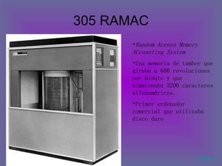 305 RAMAC ATRAS Random Access Memory ACcounting System   Una memoria de tambor que giraba a 600 revoluciones por minuto y que almacenaba 3200 caracteres alfanuméricos.  Primer ordenador comercial que utilizaba disco duro  
