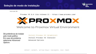 Seleção de modo de instalação
Dê preferência de instalar
pelo modo gráfico.
Em caso de problema
selecionar Advanced
Options
Fonte: do autor, 2023
 