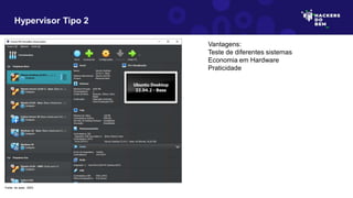 Hypervisor Tipo 2
Fonte: do autor, 2023
Vantagens:
Teste de diferentes sistemas
Economia em Hardware
Praticidade
 