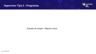 Hypervisor Tipo 2 - Programas
Fonte: do autor, 2023
Exemplo de criação – Máquina virtual
 