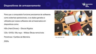 Para que o computador funcione precisamos de softwares
como sistemas operacionais, e os dados gerados e
utilizados por esses softwares são armazenados em
dispositivos como:
HDs (Hard Drives) – Discos Rígidos
CDs / DVDs / Blu-rays – Mídias Óticas removíveis
Pendrives / Cartões de Memória
SSDs
Dispositivos de armazenamento
Fonte: adobe stock, 2023
 