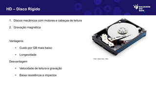 1. Discos mecânicos com motores e cabeças de leitura
2. Gravação magnética
Vantagens:
• Custo por GB mais baixo
• Longevidade
Desvantagem
• Velocidade de leitura e gravação
• Baixa resistência a impactos
HD – Disco Rígido
Fonte: adobe stock, 2023
 
