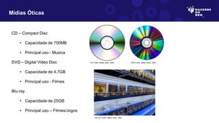 Mídias Óticas
CD – Compact Disc
• Capacidade de 700MB
• Principal uso - Musica
DVD – Digital Video Disc
• Capacidade de 4,7GB
• Principal uso - Filmes
Blu-ray
• Capacidade de 25GB
• Principal uso – Filmes/Jogos
CD Fonte: adobe stock, 2023 DVD Fonte: adobe stock, 2023
Blu-ray Fonte: adobe stock, 2023
 