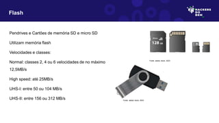 Flash
Pendrives e Cartões de memória SD e micro SD
Utilizam memória flash
Velocidades e classes:
Normal: classes 2, 4 ou 6 velocidades de no máximo
12,5MB/s
High speed: até 25MB/s
UHS-I: entre 50 ou 104 MB/s
UHS-II: entre 156 ou 312 MB/s
Fonte: adobe stock, 2023
Fonte: adobe stock, 2023
 