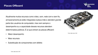 Atualmente muitos recursos como vídeo, som, rede com e sem fio,
armazenamento já estão integradas à placa-mãe e atendem grande
parte dos usuários de computador, mas nem sempre o
desempenho ou a capacidade desses recursos atendem
determinados públicos. É ai que entram as placas offboard:
• Maior desempenho
• Mais recursos
• Substituição de componentes com defeito
Placas Offboard
Fonte: adobe stock, 2023
Fonte: adobe stock, 2023
 
