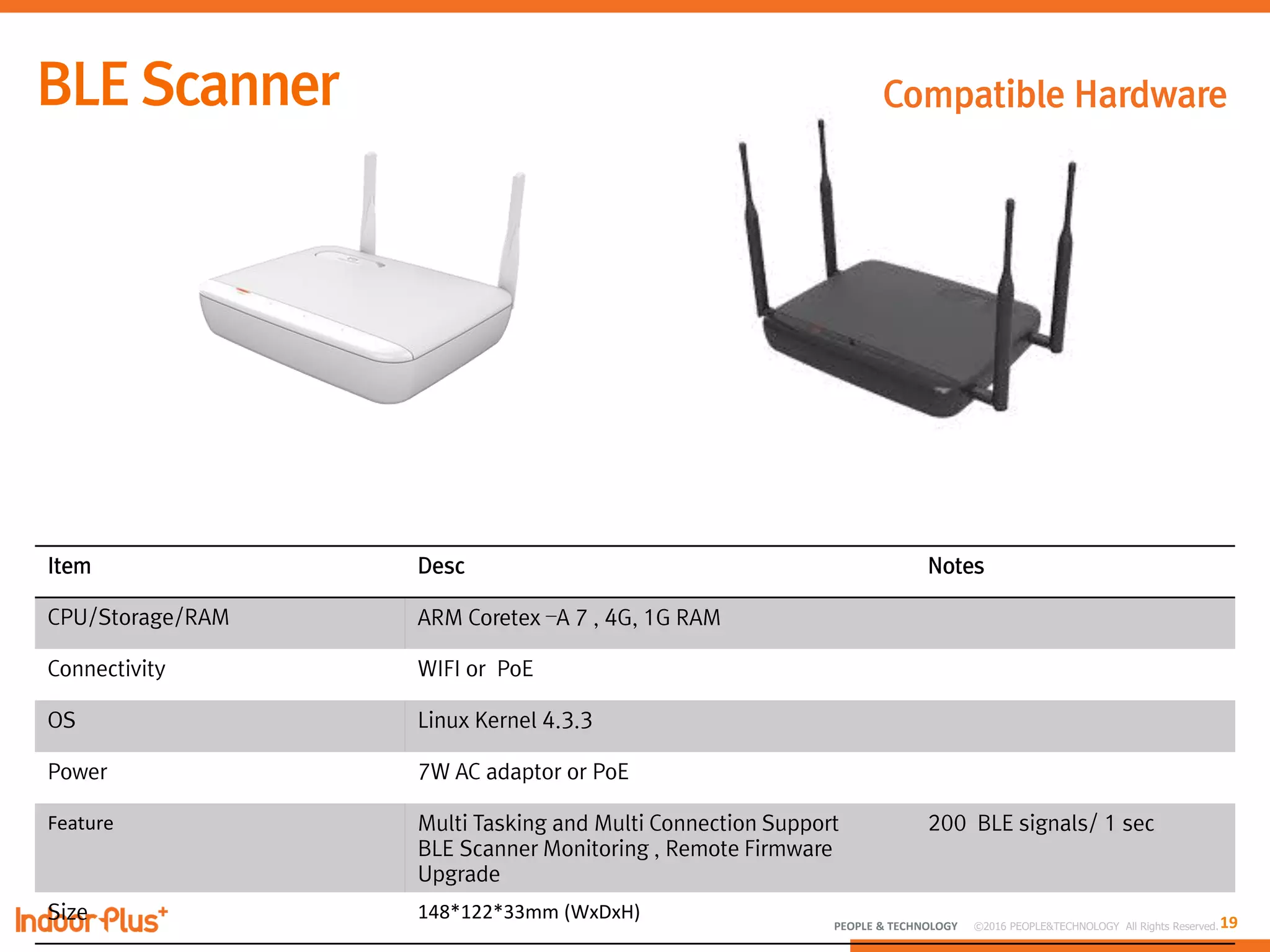 19PEOPLE & TECHNOLOGY © 2016 PEOPLE&TECHNOLOGY All Rights Reserved.
Item Desc Notes
CPU/Storage/RAM ARM Coretex –A 7 , 4G, 1G RAM
Connectivity WIFI or PoE
OS Linux Kernel 4.3.3
Power 7W AC adaptor or PoE
Feature Multi Tasking and Multi Connection Support
BLE Scanner Monitoring , Remote Firmware
Upgrade
200 BLE signals/ 1 sec
Size 148*122*33mm (WxDxH)
Compatible Hardware
 