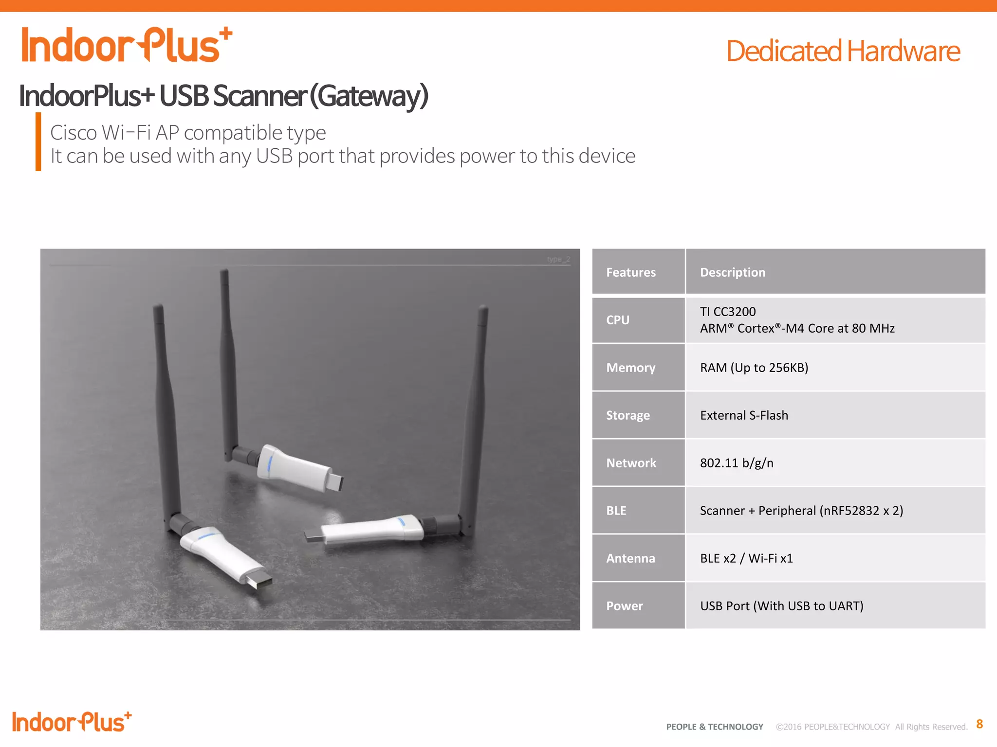 8PEOPLE & TECHNOLOGY © 2016 PEOPLE&TECHNOLOGY All Rights Reserved.
Features Description
CPU
TI CC3200
ARM® Cortex®-M4 Core at 80 MHz
Memory RAM (Up to 256KB)
Storage External S-Flash
Network 802.11 b/g/n
BLE Scanner + Peripheral (nRF52832 x 2)
Antenna BLE x2 / Wi-Fi x1
Power USB Port (With USB to UART)
 