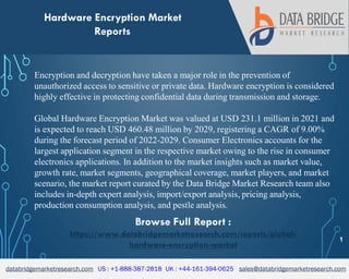 databridgemarketresearch.com US : +1-888-387-2818 UK : +44-161-394-0625 sales@databridgemarketresearch.com
1
Hardware Encryption Market
Reports
Encryption and decryption have taken a major role in the prevention of
unauthorized access to sensitive or private data. Hardware encryption is considered
highly effective in protecting confidential data during transmission and storage.
Global Hardware Encryption Market was valued at USD 231.1 million in 2021 and
is expected to reach USD 460.48 million by 2029, registering a CAGR of 9.00%
during the forecast period of 2022-2029. Consumer Electronics accounts for the
largest application segment in the respective market owing to the rise in consumer
electronics applications. In addition to the market insights such as market value,
growth rate, market segments, geographical coverage, market players, and market
scenario, the market report curated by the Data Bridge Market Research team also
includes in-depth expert analysis, import/export analysis, pricing analysis,
production consumption analysis, and pestle analysis.
Browse Full Report :
https://www.databridgemarketresearch.com/reports/global-
hardware-encryption-market
 