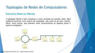 Topologias de Redes de Computadores
Estrutura Mista ou Híbrida
A topologia híbrida é bem complexa e muito utilizada em grandes redes. Nela
podemos encontrar uma mistura de topologias, tais como as de anel, estrela,
barra, entre outras, que possuem como características as ligações ponto a
ponto e multiponto.
augustonogueira13@Hotmail.com – Augusto Nogueira Mourão
21
 