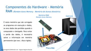 Componentes do Hardware - Memória
RAM (Random Acess Memory – Memória de Acesso Aleatório)
Gabinete
Placa Mãe
Memória RAM
Random Acess Memory
É nesta memória que são carregado
os programas em execução e dados,
os seus dados são perdidos quando o
computador e desligado. Para evitar
a perda dos dados, é necessário
salvar a informação em memória
permanente (por exe.: disco rígido).
augustonogueira13@Hotmail.com – Augusto Nogueira Mourão
6
 