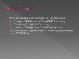 Webliografiahttp://pt.wikipedia.org/wiki/Placa_de_v%C3%ADdeohttp://www.prof2000.pt/users/afaria2004/placas.htmhttp://pt.wikipedia.org/wiki/Placa_de_somhttp://www.prof2000.pt/users/afaria2004/cpu.htmhttp://pt.wikipedia.org/wiki/Perif%C3%A9ricos_de_entrada_e_de_sa%C3%ADda