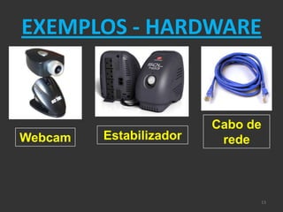 EXEMPLOS - HARDWARE



                         Cabo de
Webcam   Estabilizador    rede



                               13
 