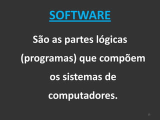 SOFTWARE
  São as partes lógicas
(programas) que compõem
     os sistemas de
     computadores.
                          15
 