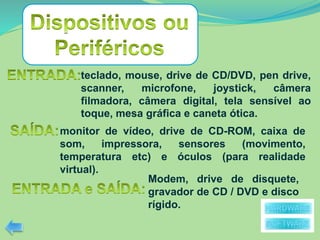 monitor de vídeo, drive de CD-ROM, caixa de
som, impressora, sensores (movimento,
temperatura etc) e óculos (para realidade
virtual).
teclado, mouse, drive de CD/DVD, pen drive,
scanner, microfone, joystick, câmera
filmadora, câmera digital, tela sensível ao
toque, mesa gráfica e caneta ótica.
Modem, drive de disquete,
gravador de CD / DVD e disco
rígido.
 