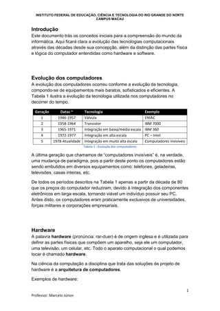 INSTITUTO FEDERAL DE EDUCAÇÃO, CIÊNCIA E TECNOLOGIA DO RIO GRANDE DO NORTE
CAMPUS MACAU
1
Professor: Marcelo Júnior
Introdução
Este documento trás os conceitos iniciais para a compreensão do mundo da
informática. Aqui ficará clara a evolução das tecnologias computacionais
através das décadas desde sua concepção, além da distinção das partes física
e lógica do computador entendidas como hardware e software.
Evolução dos computadores
A evolução dos computadores ocorreu conforme a evolução da tecnologia,
compondo-se de equipamentos mais baratos, sofisticados e eficientes. A
Tabela 1 ilustra a evolução da tecnologia utilizada nos computadores no
decorrer do tempo.
Geração Datas ~ Tecnologia Exemplo
1 1946-1957 Válvula ENIAC
2 1958-1964 Transistor IBM 7000
3 1965-1971 Integração em baixa/média escala IBM 360
4 1972-1977 Integração em alta escala PC – Intel
5 1978-Atualidade Integração em muito alta escala Computadores invisíveis
Tabela 1 - Evolução dos computadores
A última geração que chamamos de “computadores invisíveis” é, na verdade,
uma mudança de paradigma, pois a partir deste ponto os computadores estão
sendo embutidos em diversos equipamentos como: telefones, geladeiras,
televisões, casas inteiras, etc.
De todos os períodos descritos na Tabela 1 apenas a partir da década de 80
que os preços do computador reduziram, devido à integração dos componentes
eletrônicos em larga escala, tornando viável um indivíduo possuir seu PC.
Antes disto, os computadores eram praticamente exclusivos de universidades,
forças militares e corporações empresariais.
Hardware
A palavra hardware (pronúncia: rar-duer) é de origem inglesa e é utilizada para
definir as partes físicas que compõem um aparelho, seja ele um computador,
uma televisão, um celular, etc. Todo o aparato computacional o qual podemos
tocar é chamado hardware.
Na ciência da computação a disciplina que trata das soluções de projeto de
hardware é a arquitetura de computadores.
Exemplos de hardware:
 