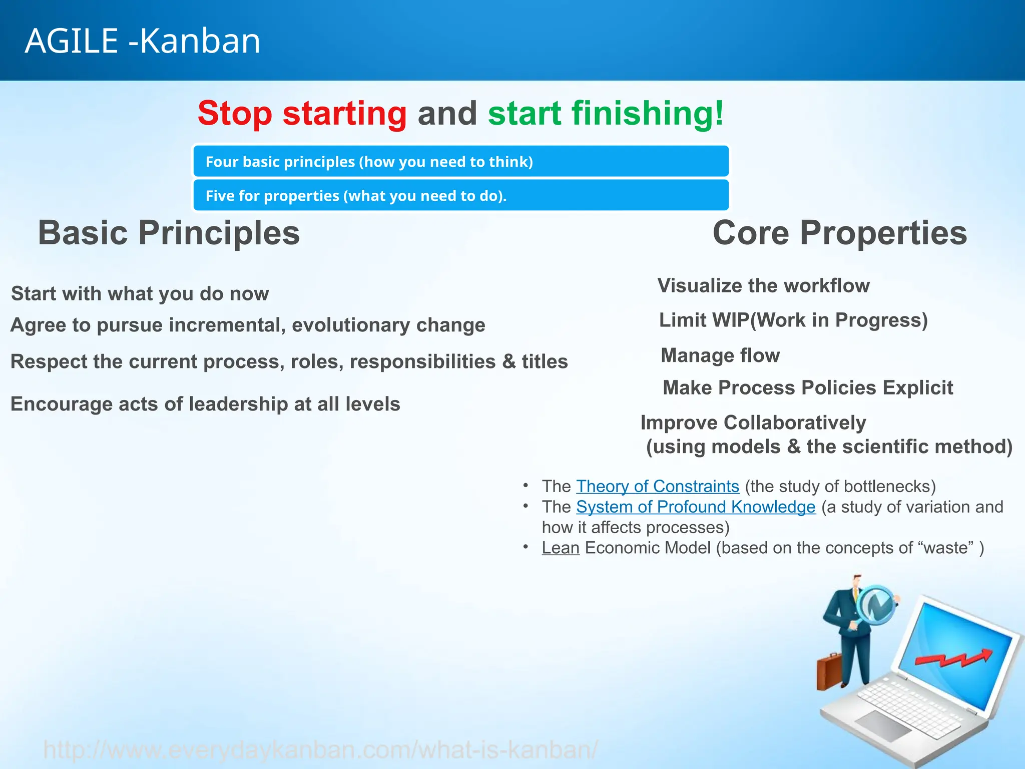 AGILE -Kanban
Stop starting and start finishing!
Four basic principles (how you need to think)
Five for properties (what you need to do).
Basic Principles
Start with what you do now
Agree to pursue incremental, evolutionary change
Respect the current process, roles, responsibilities & titles
Encourage acts of leadership at all levels
Core Properties
Visualize the workflow
Limit WIP(Work in Progress)
Manage flow
Make Process Policies Explicit
Improve Collaboratively
(using models & the scientific method)
• The Theory of Constraints (the study of bottlenecks)
• The System of Profound Knowledge (a study of variation and
how it affects processes)
• Lean Economic Model (based on the concepts of “waste” )
http://www.everydaykanban.com/what-is-kanban/
 