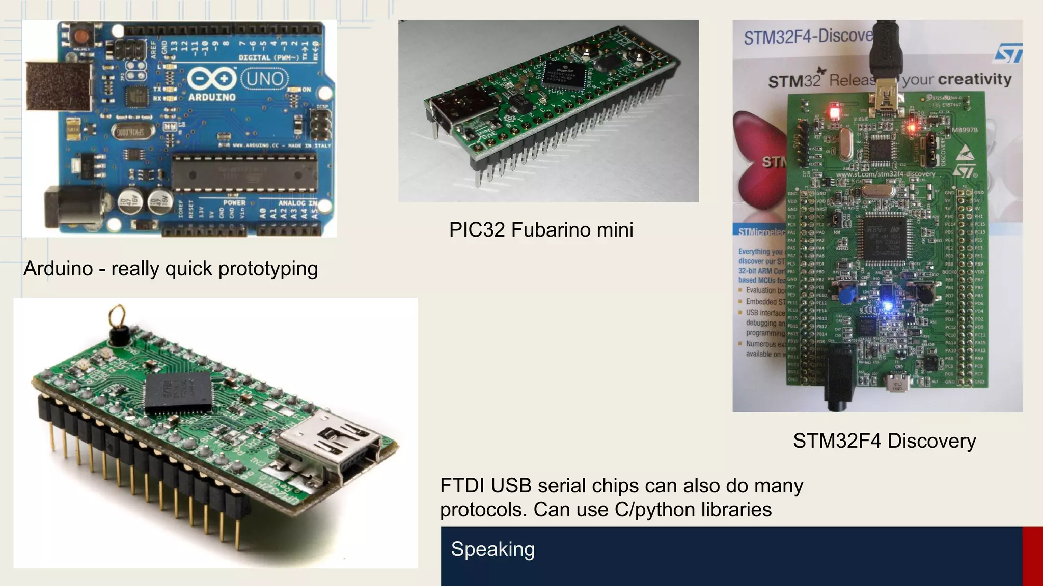 Speaking
Arduino - really quick prototyping
PIC32 Fubarino mini
STM32F4 Discovery
FTDI USB serial chips can also do many
protocols. Can use C/python libraries
 
