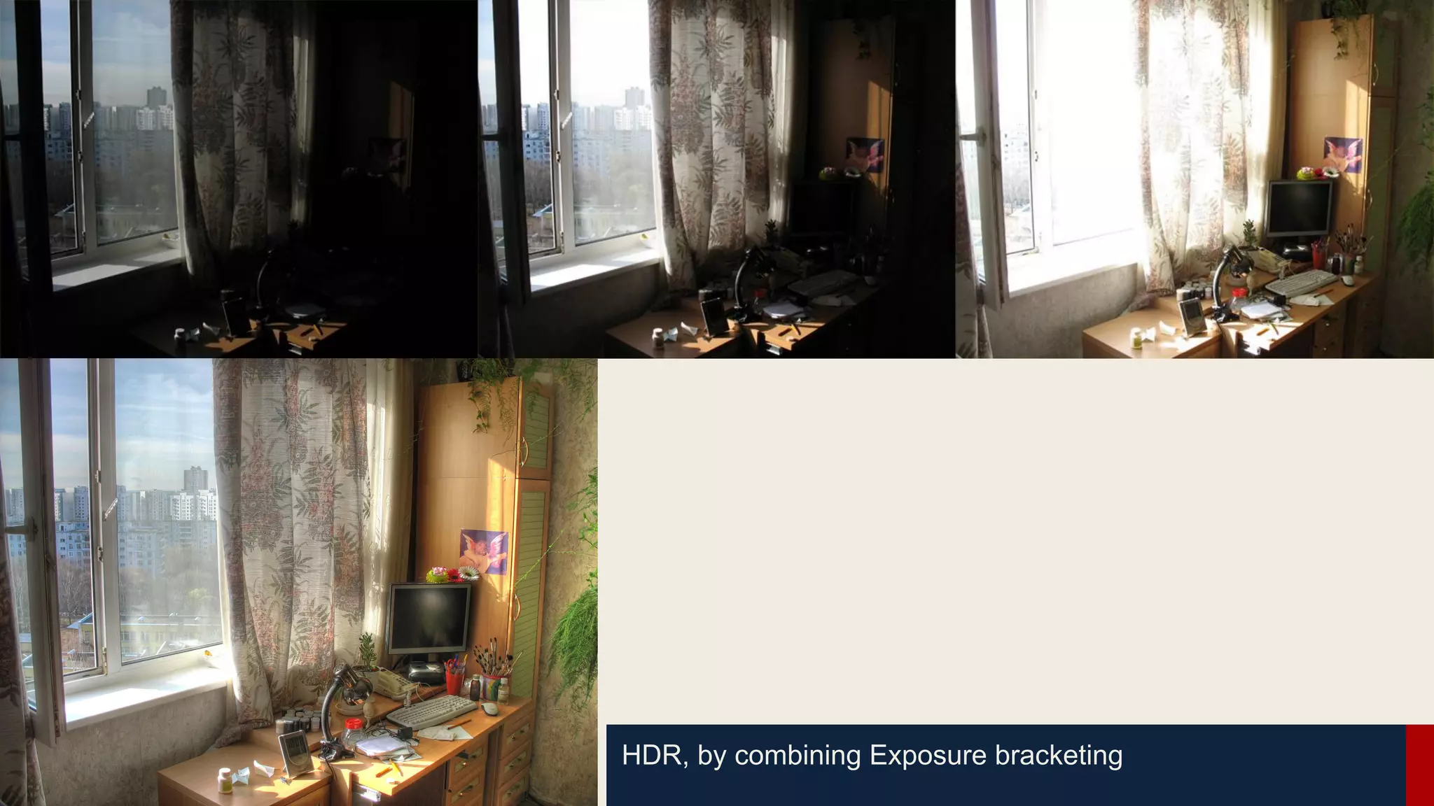 HDR, by combining Exposure bracketing
 