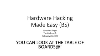 Hardware Hacking
Made Easy (BS)
Jonathan Singer
The Undercroft
February 20, 2020
YOU CAN LOOK AT THE TABLE OF
BOARDS@!
 