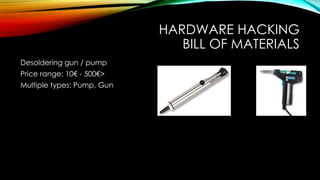 HARDWARE HACKING
BILL OF MATERIALS
Desoldering gun / pump
Price range: 10€ - 500€>
Multiple types: Pump, Gun
 
