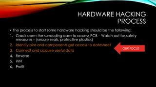 HARDWARE HACKING
PROCESS
• The process to start some hardware hacking should be the following:
1. Crack open the surrouding case to access PCB – Watch out for safety
measures – (secure seals, protective plastics)
2. Identify pins and components get access to datasheet
3. Connect and acquire useful data
4. Reverse
5. ???
6. Profit
OUR FOCUS
 
