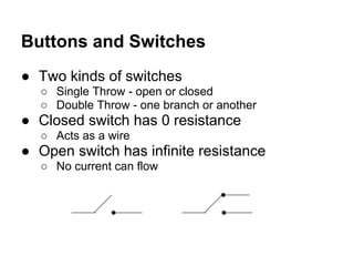 Buttons and Switches
● Two kinds of switches
  ○ Single Throw - open or closed
  ○ Double Throw - one branch or another
● Closed switch has 0 resistance
  ○ Acts as a wire
● Open switch has infinite resistance
  ○ No current can flow
 