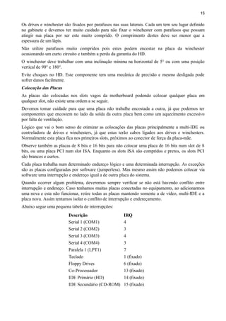 15
Os drives e winchester são fixados por parafusos nas suas laterais. Cada um tem seu lugar definido
no gabinete e devemos ter muito cuidado para não fixar o winchester com parafusos que possam
atingir sua placa por ser este muito comprido. O comprimento destes deve ser menor que a
espessura de um lápis.
Não utilize parafusos muito compridos pois estes podem encostar na placa da winchester
ocasionando um curto circuito e também a perda da garantia do HD.
O winchester deve trabalhar com uma inclinação mínima na horizontal de 5° ou com uma posição
vertical de 90° e 180°.
Evite choques no HD. Este componente tem uma mecânica de precisão e mesmo desligada pode
sofrer danos facilmente.
Colocação das Placas
As placas são colocadas nos slots vagos da motherboard podendo colocar qualquer placa em
qualquer slot, não existe uma ordem a se seguir.
Devemos tomar cuidade para que uma placa não trabalhe encostada a outra, já que podemos ter
componentes que encostem no lado da solda da outra placa bem como um aquecimento excessivo
por falta de ventilação.
Lógico que vai o bom senso de otimizar as colocações das placas principalmente a multi-IDE ou
controladora de drives e winchesters, já que estas terão cabos ligados aos drives e winchesters.
Normalmente esta placa fica nos primeiros slots, próximos ao conector de força da placa-mãe.
Observe também as placas de 8 bits e 16 bits para não colocar uma placa de 16 bits num slot de 8
bits, ou uma placa PCI num slot ISA. Enquanto os slots ISA são compridos e pretos, os slots PCI
são brancos e curtos.
Cada placa trabalha num determinado endereço lógico e uma determinada interrupção. As exceções
são as placas configuradas por software (jumperless). Mas mesmo assim não podemos colocar via
software uma interrupção e endereço igual a de outra placa do sistema.
Quando ocorrer algum problema, deveremos sempre verificar se não está havendo conflito entre
interrupção e endereço. Caso tenhamos muitas placas conectadas no equipamento, ao adicionarmos
uma nova e esta não funcionar, retire todas as placas mantendo somente a de vídeo, multi-IDE e a
placa nova. Assim tentamos isolar o conflito de interrupção e endereçamento.
Abaixo segue uma pequena tabela de interrupções:
Descrição IRQ
Serial 1 (COM1) 4
Serial 2 (COM2) 3
Serial 3 (COM3) 4
Serial 4 (COM4) 3
Paralela 1 (LPT1) 7
Teclado 1 (fixado)
Floppy Drives 6 (fixado)
Co-Processador 13 (fixado)
IDE Primário (HD) 14 (fixado)
IDE Secundário (CD-ROM) 15 (fixado)
 