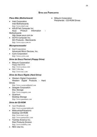 29
SITES DOS FABRICANTES
Placa Mãe (Motherboard)
• Intel Corporation
Intel Motherboards
http://www.intel.com
• ASUSTeK Computer Inc.
Asus Product Information -
Motherboards
http://www.asus.com.tw
• SOYO Computer Inc.
SCI Products - Mainboards
http://www.soyo.com.tw
Microprocessador
• Intel Corporation
Advanced Micro Devices, Inc.
• Cyrix Corporation
http://www.cyrix.com
Drive de Disco Flexível (Floppy Drive)
• Mitsumi Corporation
Floppy Disk Drive
http://www.eciusa.com
• NEC USA Inc.
http://www.nec.com
Drive de Disco Rígido (Hard Drive)
• Western Digital Corporation
Western Digital Products - Hard
Drives
http://www.westerndigital.com
• Seagate Corporation
Disc Storage
http://www.seagate.com
• Quantum
Desktop Storage
http://www.quantum.com
Drive de CD-ROM
• Acer Peripherals
http://www.acerperipherals
• Matsushita/Panasonic
Desktop CD-ROM
http://www.mei.co.jp
http://www.panasonic.com
• Toshiba America Inc.
Disk Products Division
http://www.toshiba.com
• NEC Usa Inc.
• Mitsumi Corporation
Peripherals - CD-ROM Drives
 