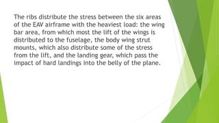 The ribs distribute the stress between the six areas
of the EAV airframe with the heaviest load: the wing
bar area, from which most the lift of the wings is
distributed to the fuselage, the body wing strut
mounts, which also distribute some of the stress
from the lift, and the landing gear, which pass the
impact of hard landings into the belly of the plane.
 