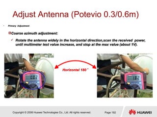 Copyright © 2006 Huawei Technologies Co., Ltd. All rights reserved. Page 192
Adjust Antenna (Potevio 0.3/0.6m)
• Primary A...