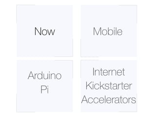 Now
Arduino
Mobile
Internet
KickstarterPi
Accelerators
 